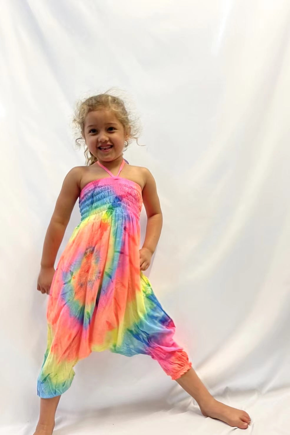 Children's Tie Dye Harem Jumpsuit - Neon Rainbow