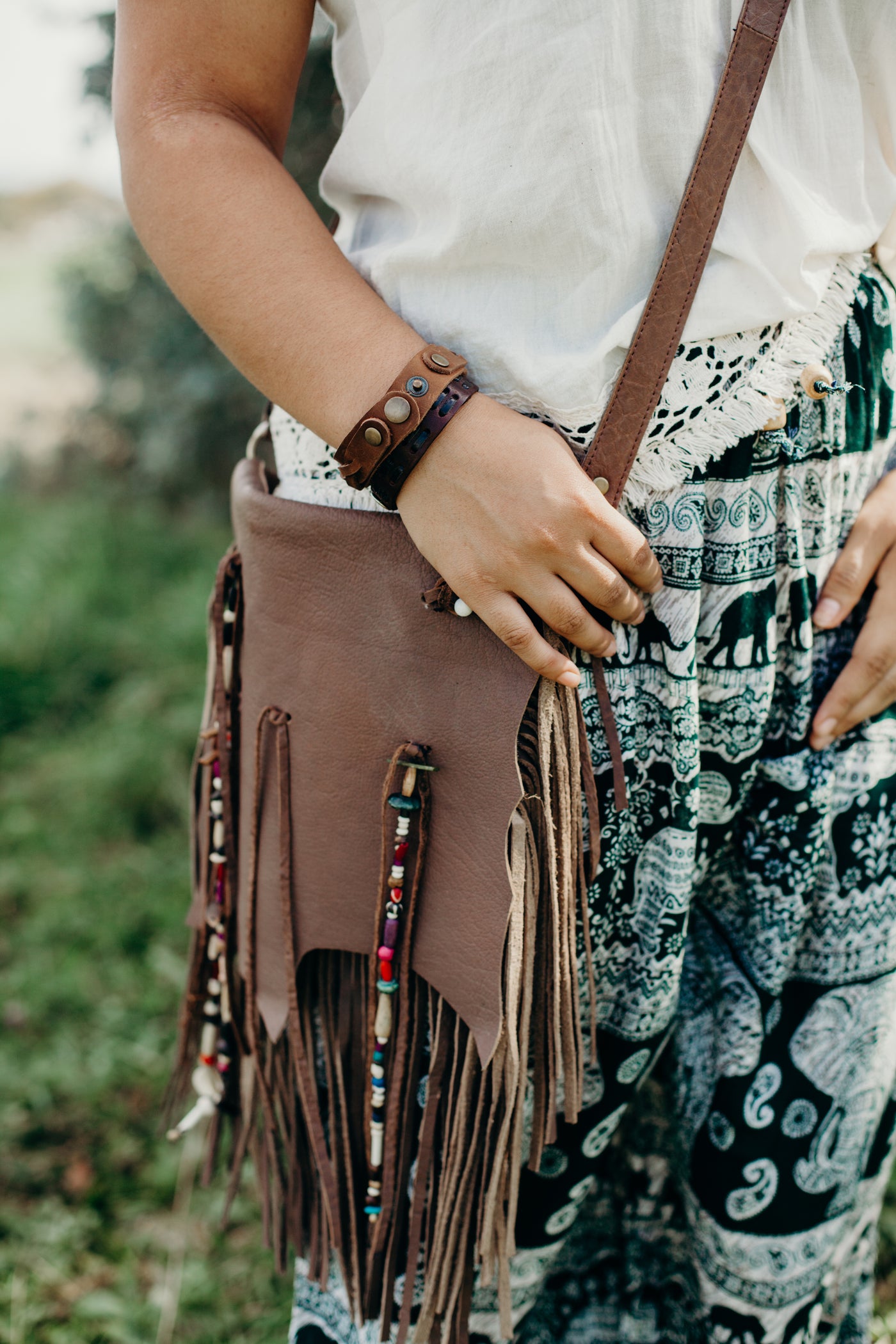 Leather Tassel Bead Bag