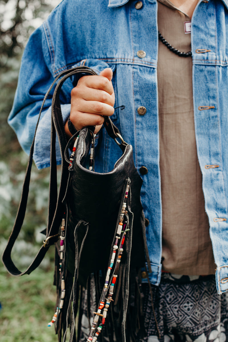 Leather Tassel Bead Bag